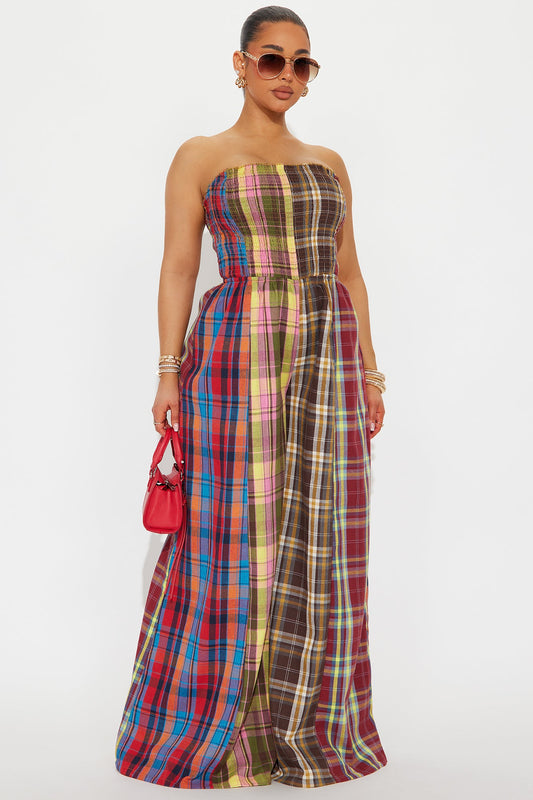 Tossed And Turned Flannel Jumpsuit - Red/combo