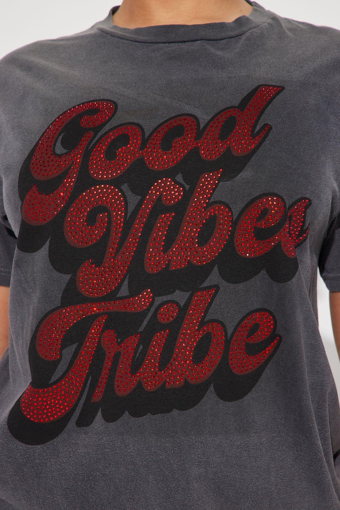 Good Vibes Tribe Rhinestone Tshirt - Charcoal