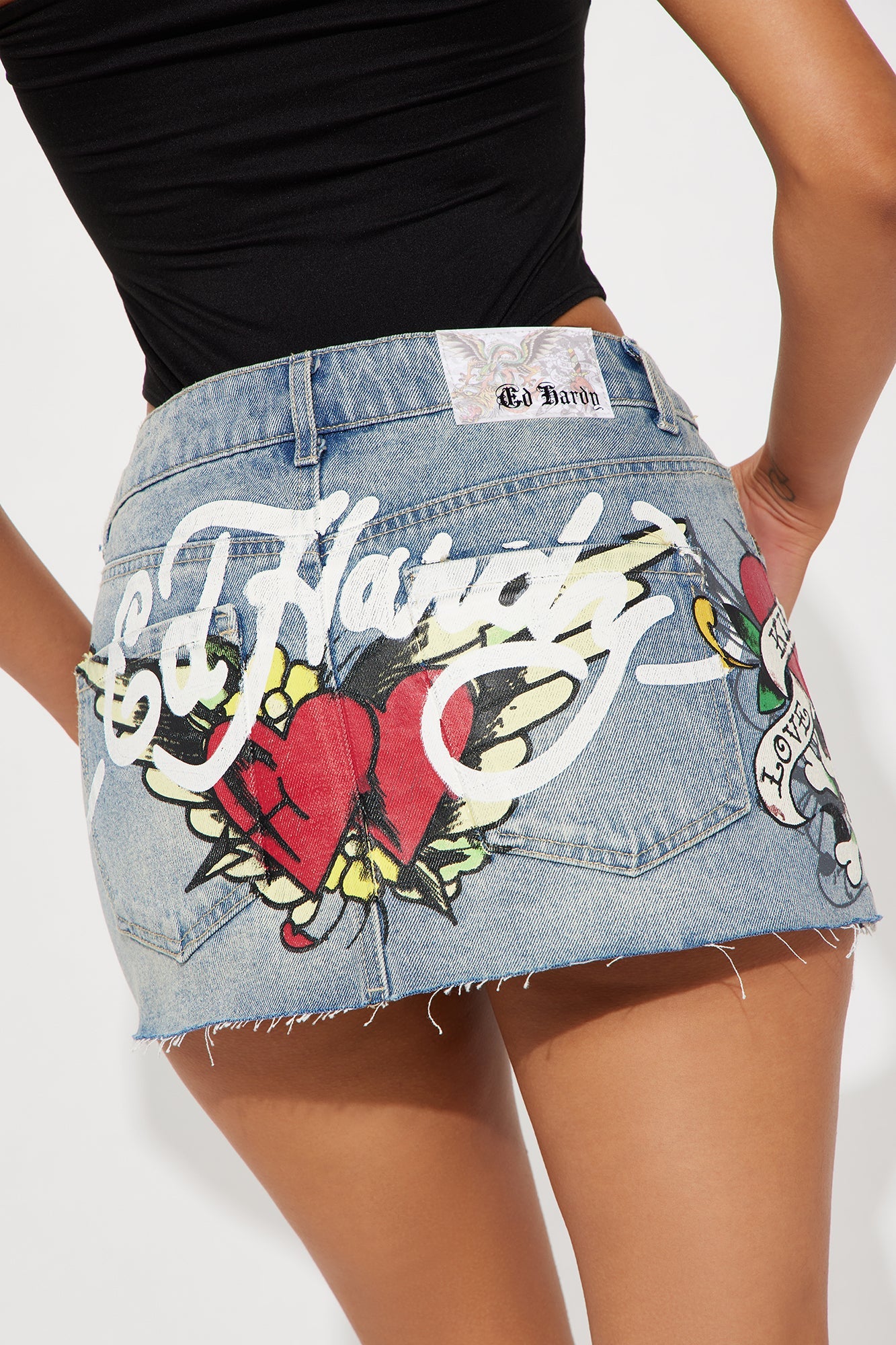 Ed Hardy Skull Denim Mini Skirt - Light Wash