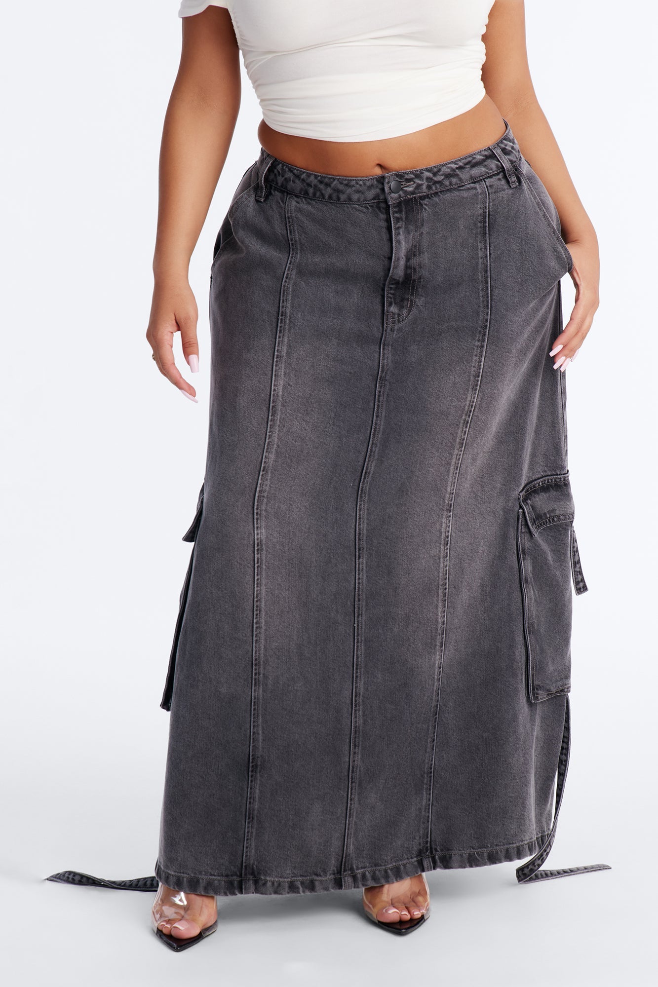Cool Girl Low Rise Denim Cargo Jogger Maxi Skirt - Charcoal