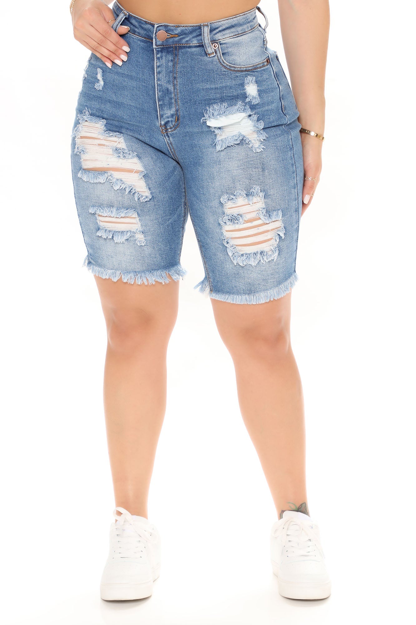 Outta Time Stretch Ripped Denim Bermudas - Medium Blue Wash