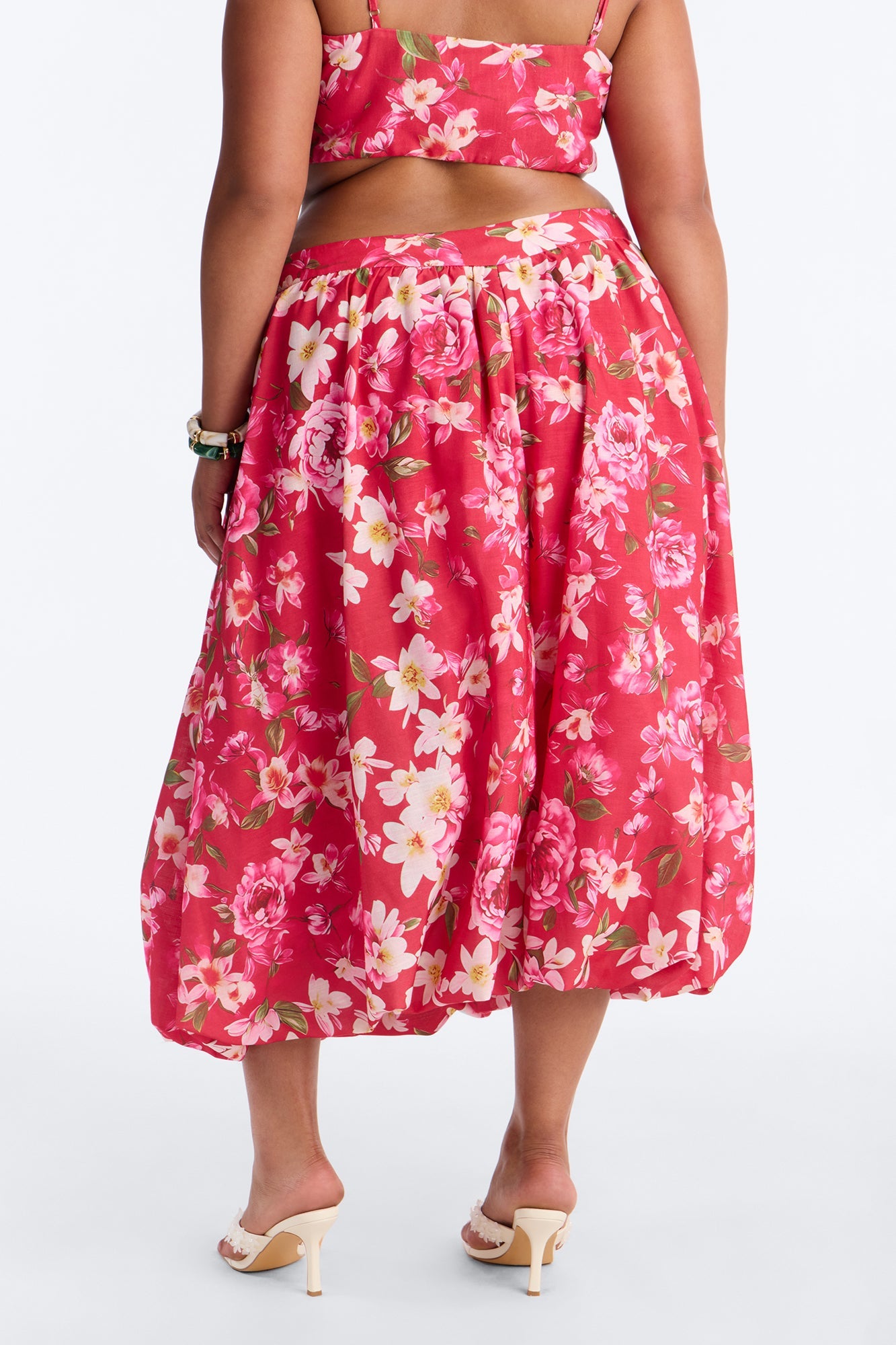 Yvete Floral Linen Bubble Hem Midi Skirt - Pink/combo