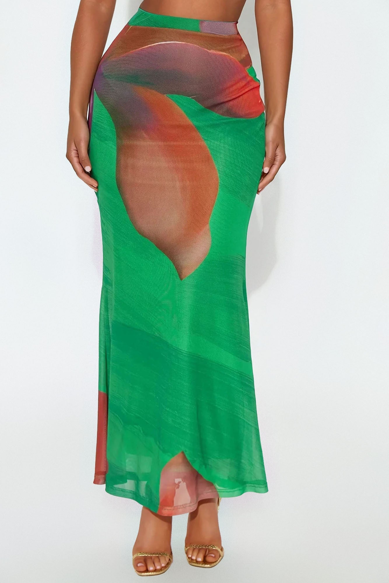 Into The Night Floral Mesh Maxi Skirt - Green/combo