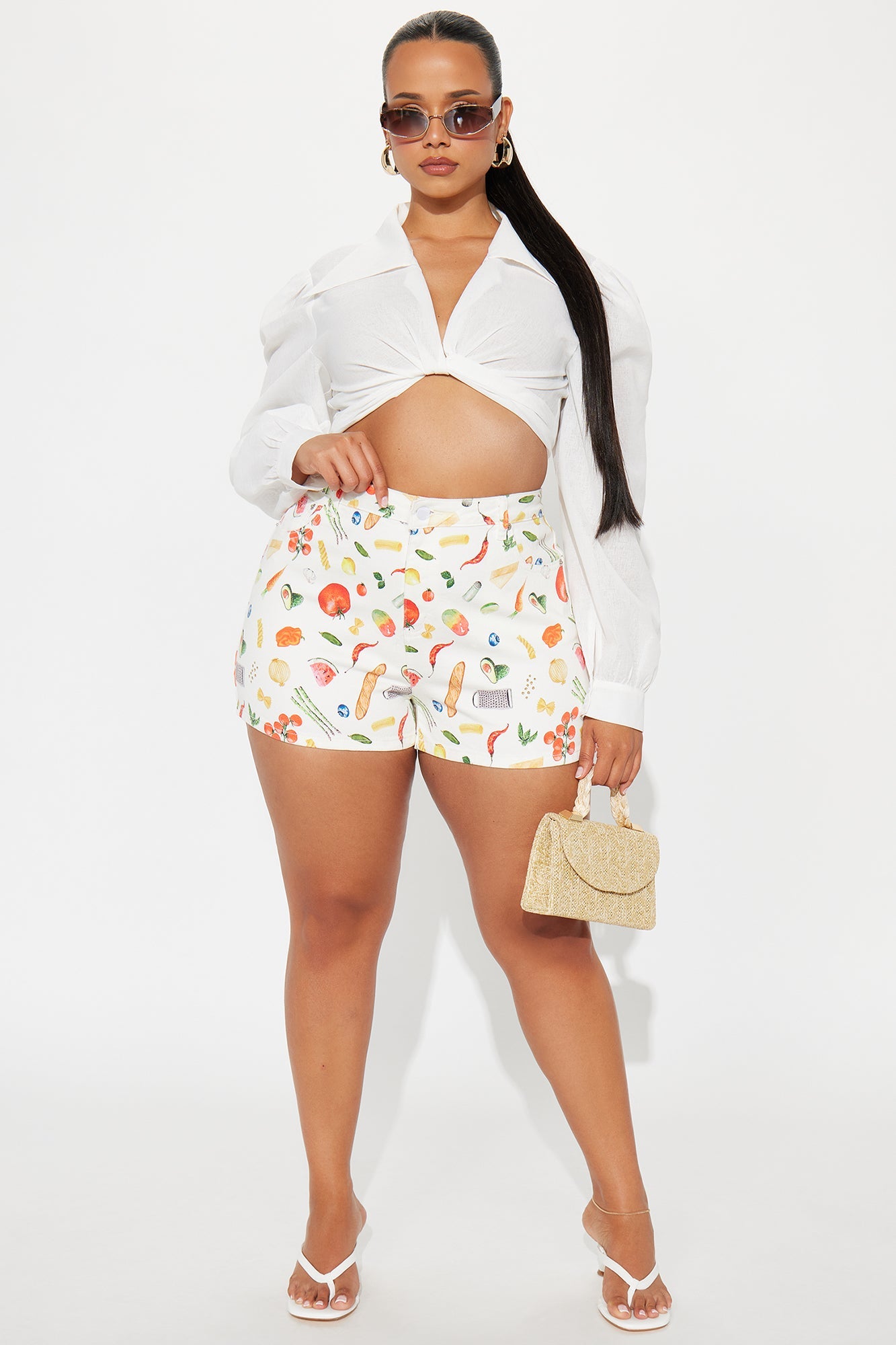 Harper High Rise Fruit Print Shorts - White/combo