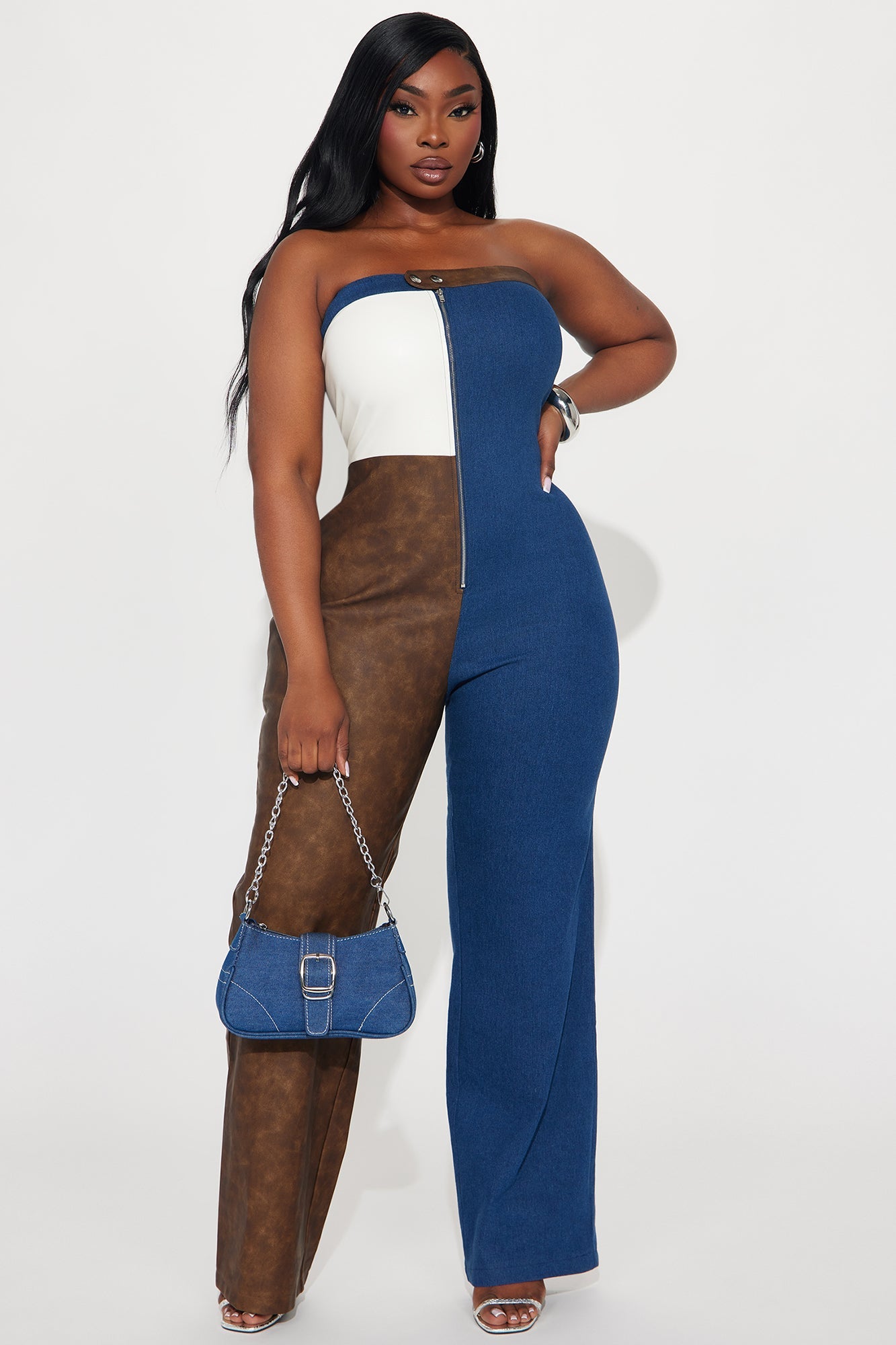 No Blocked Hearts Faux Leather Jumpsuit - Royal/combo