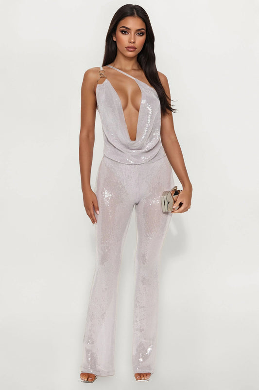Maisie Sequin Halter Wide Leg Jumpsuit - Grey