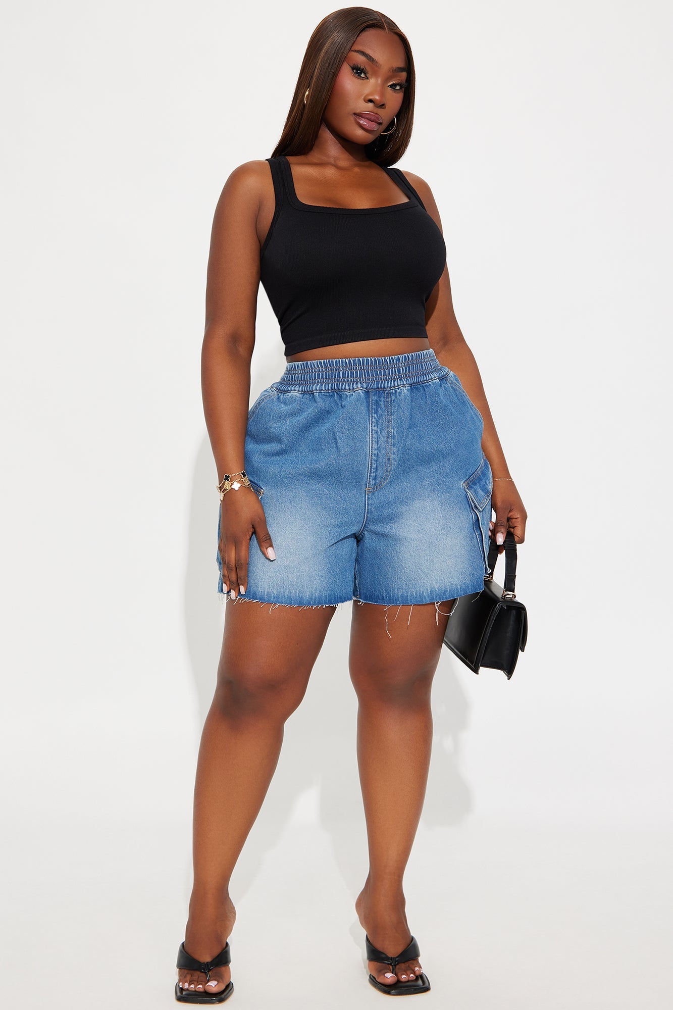 Easy Vibe Cargo Cut Off Denim Shorts - Medium Wash