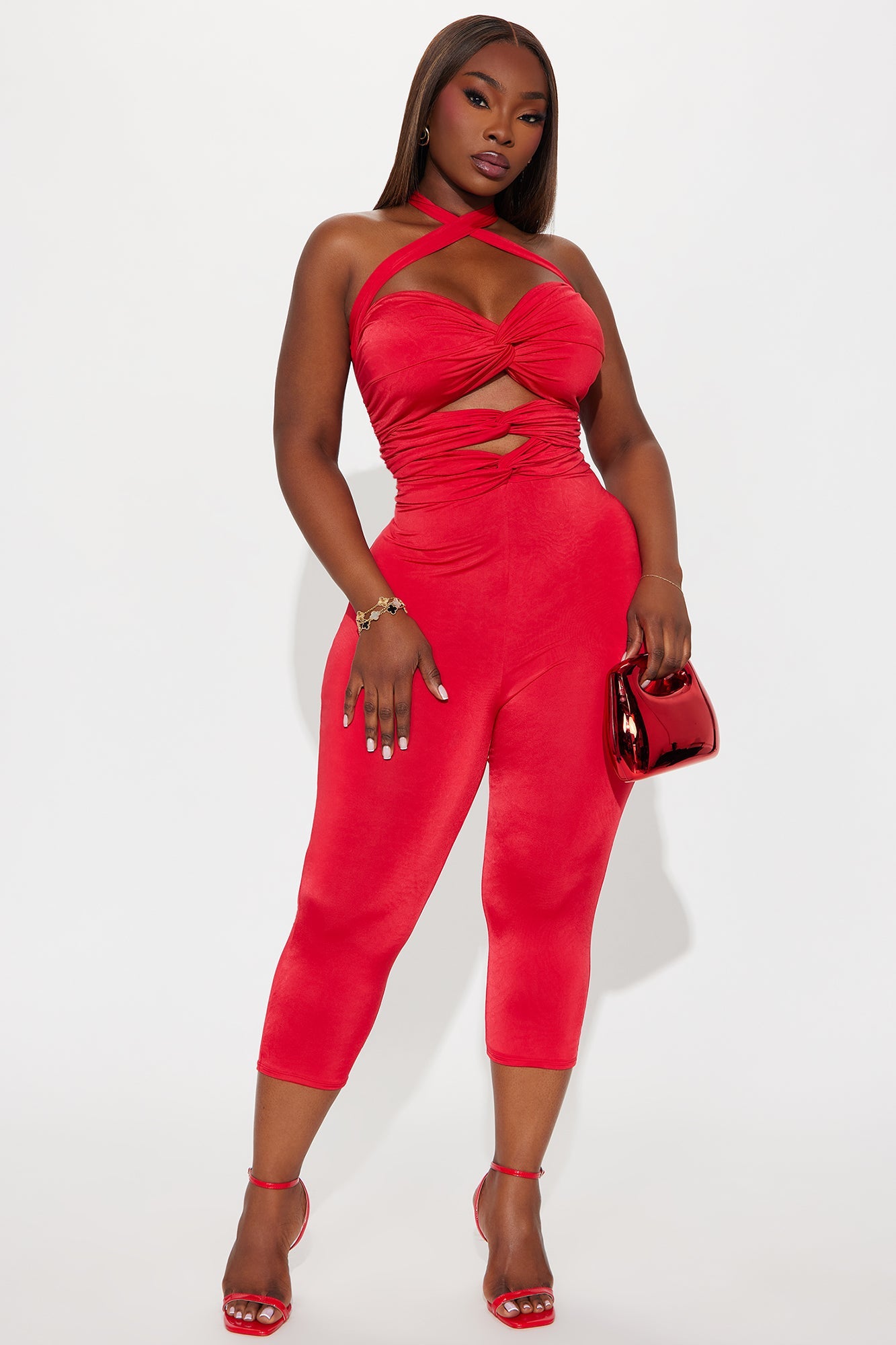 Dare Me Ruched Cut Out Halter Jumpsuit - Red