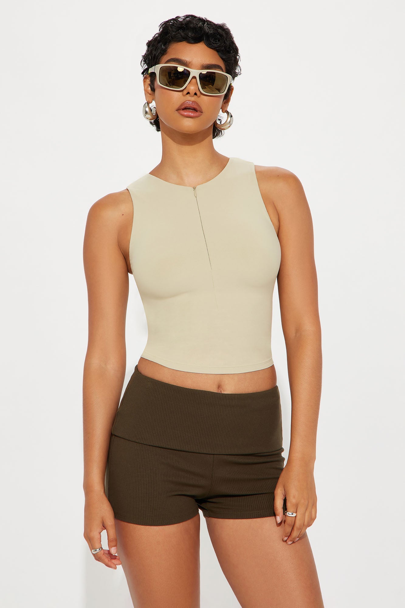 Second Skin Double Lined Zip Front Tank - Stone