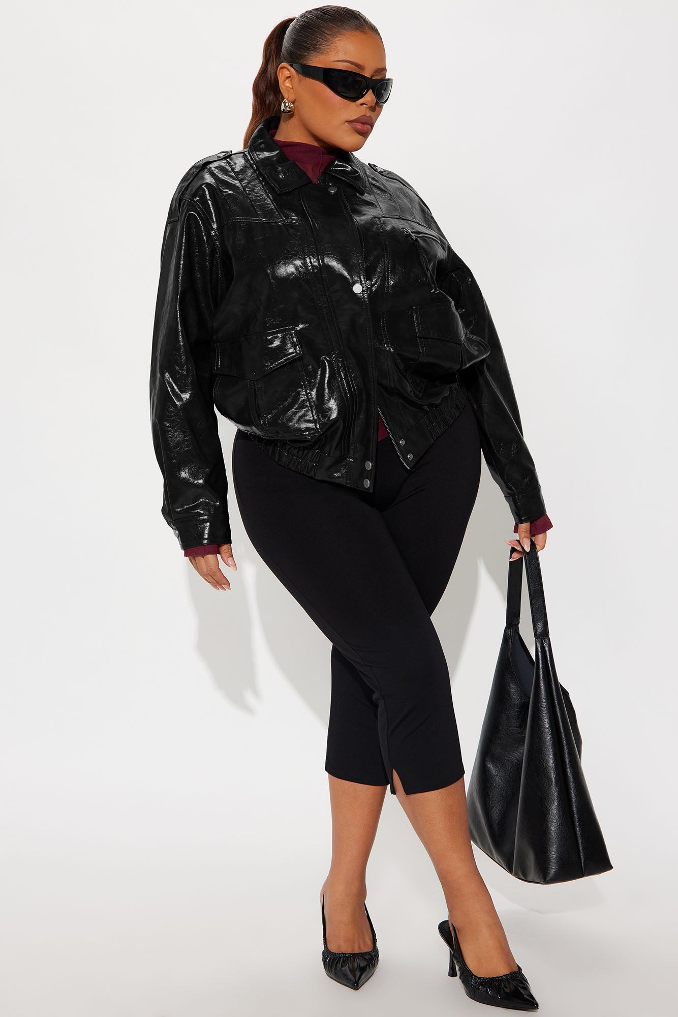 Follow My Lead Faux Leather Oversized Bomber Jacket - Black