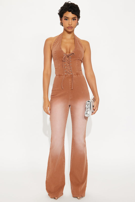 Eliza Washed Denim Jumpsuit - Camel