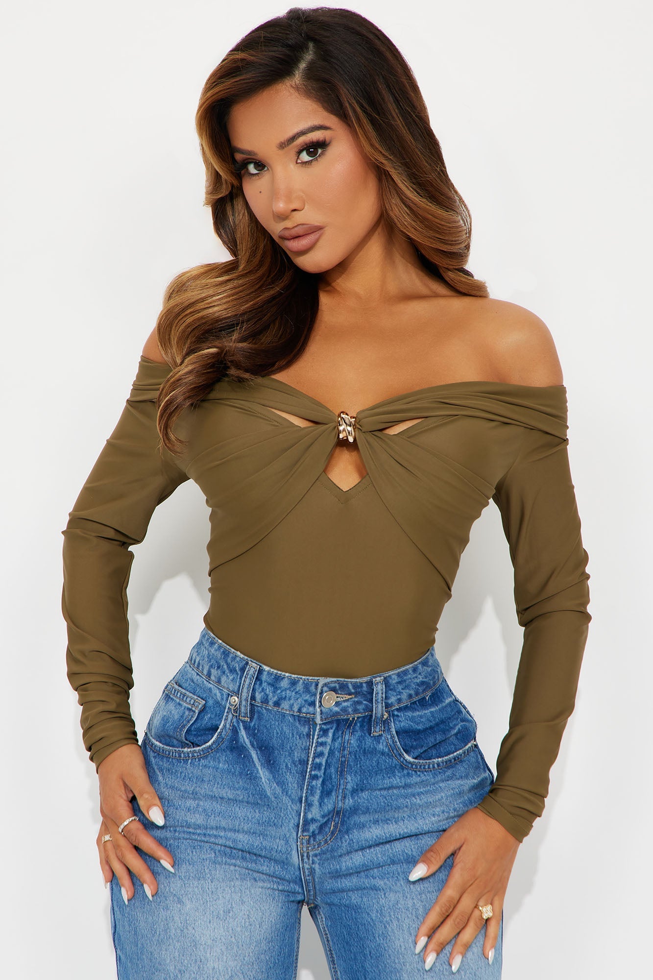 Sylvie Long Sleeve Off Shoulder Bodysuit - Olive