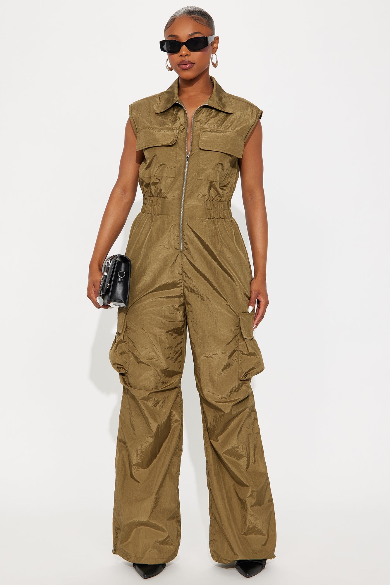 Remi Windbreaker Wide Leg Cargo Jumpsuit - Olive