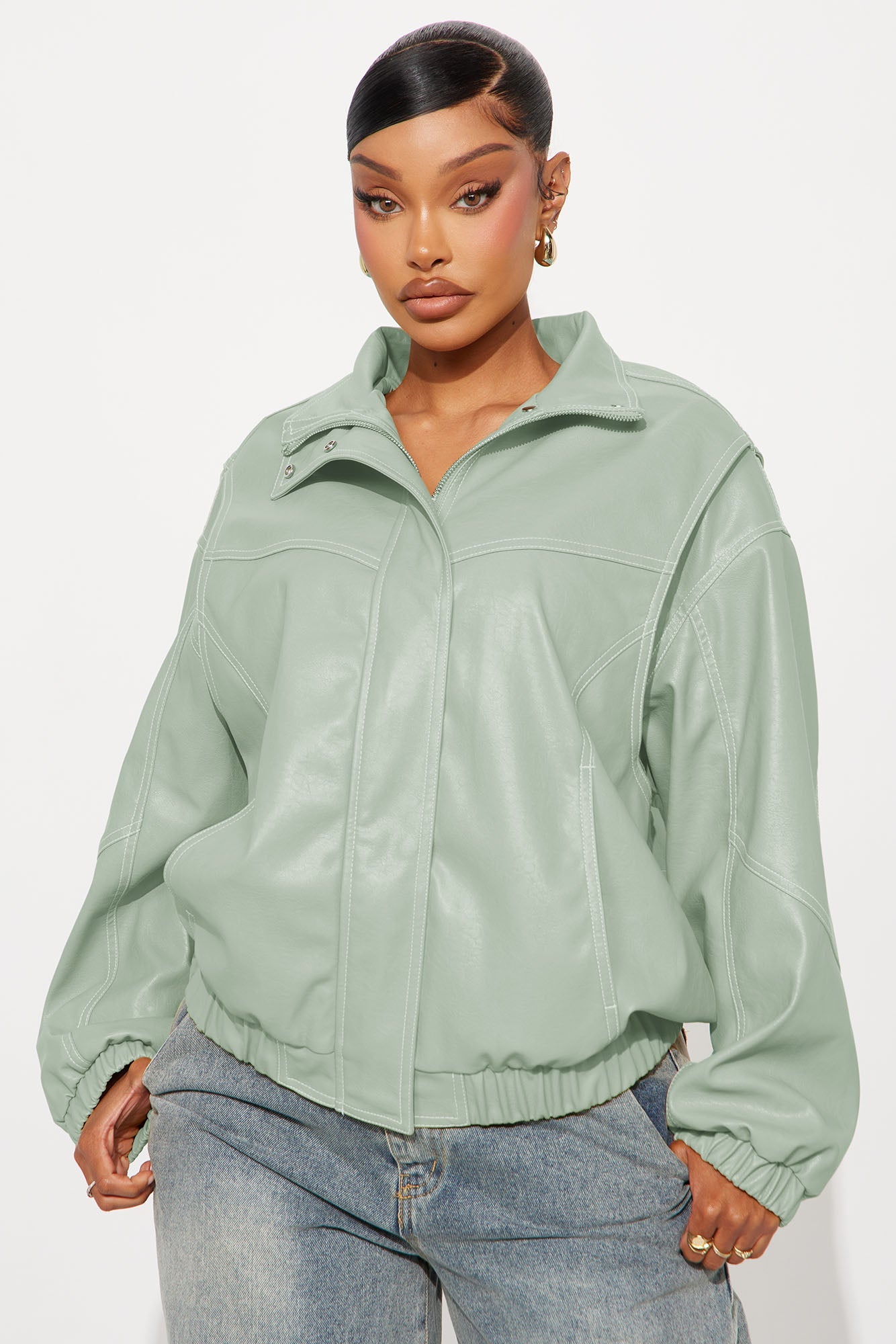 Stella Faux Leather Bomber Jacket - Sage