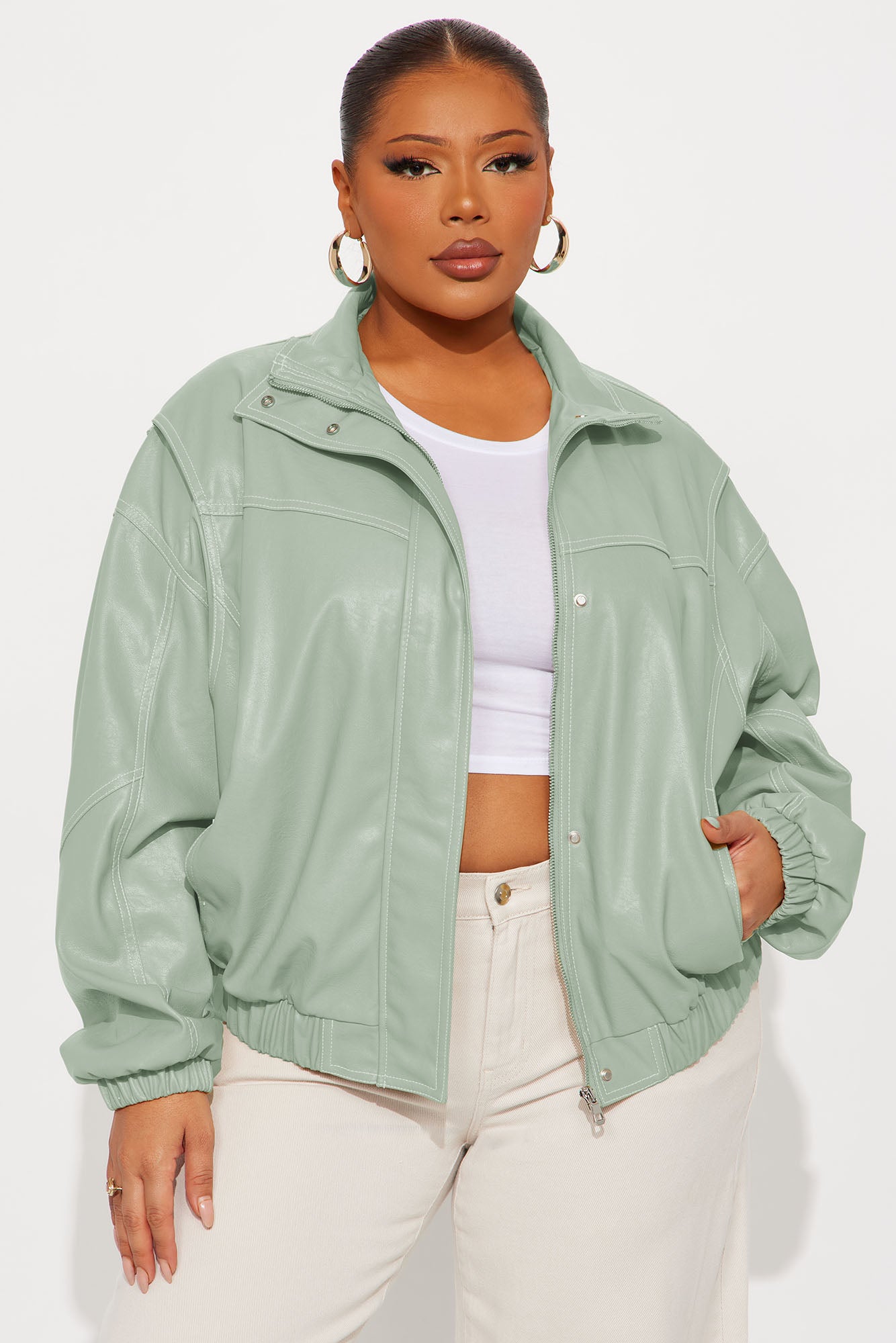 Stella Faux Leather Bomber Jacket - Sage