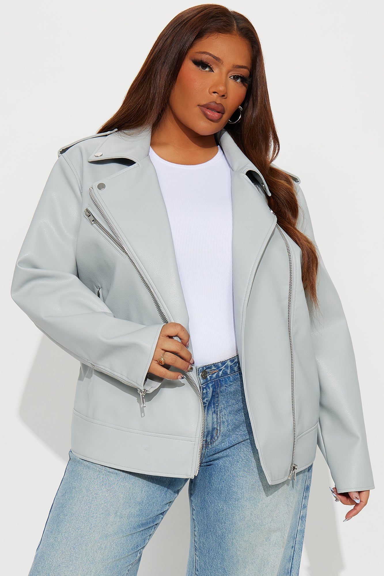 Phoebe Oversized Faux Leather Moto Jacket - Light Grey