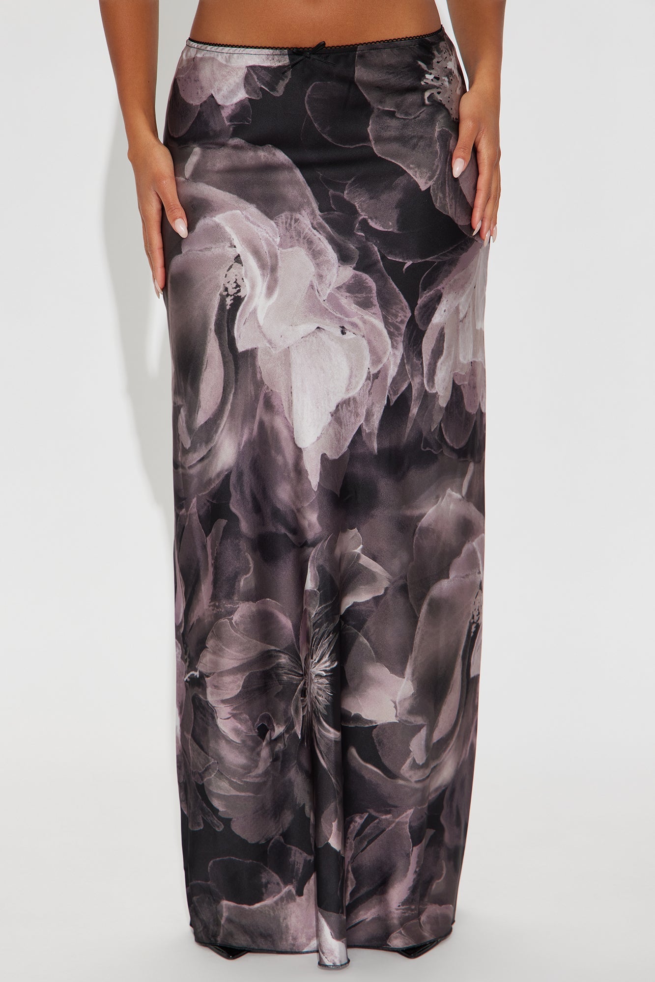 Bri Dark Floral Satin Maxi Skirt - Grey/combo