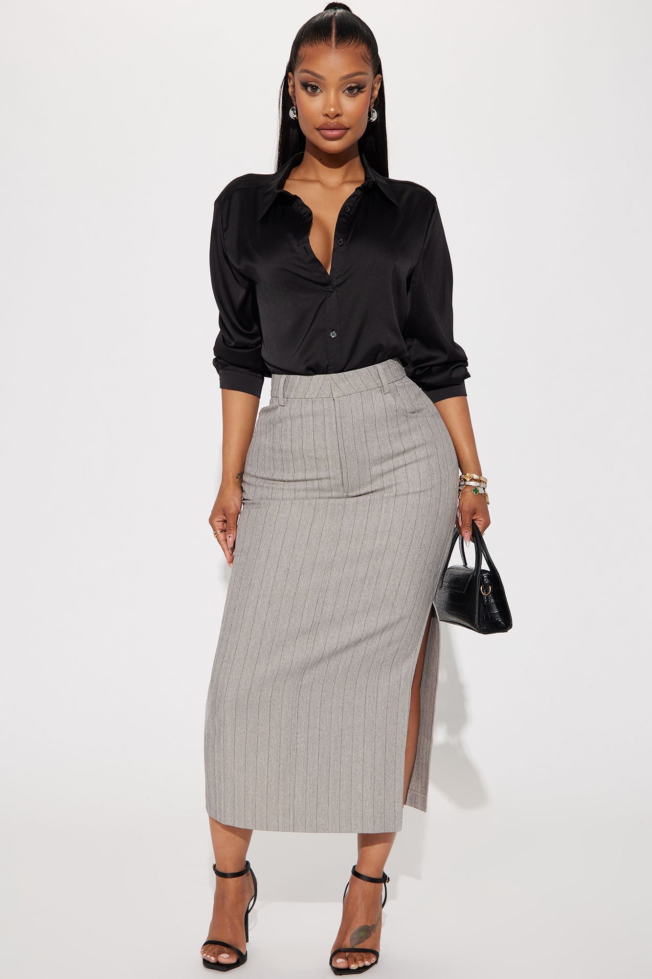 Work That Pinstripe Midi Skirt - Grey
