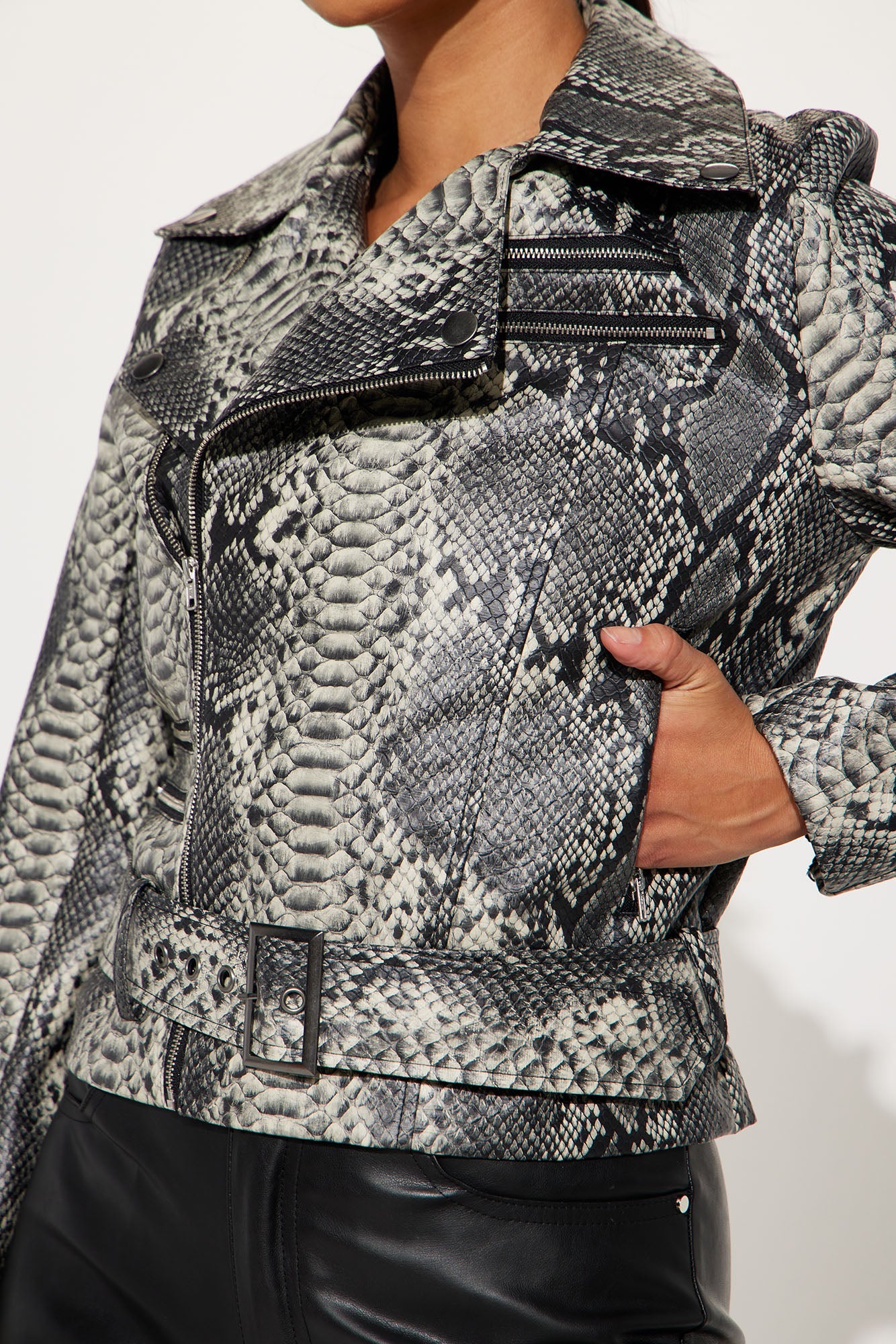 Paloma Python Faux Leather Moto Jacket - Cream/combo