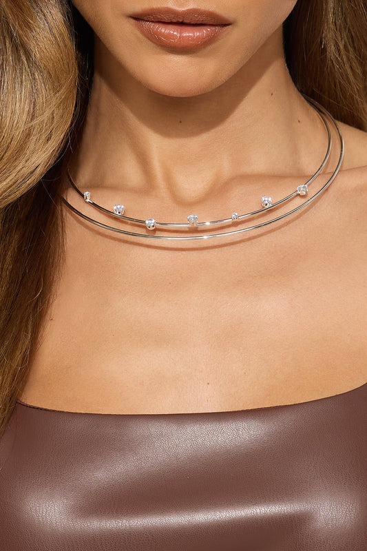 Silver Lake Rhinestone Trim Embellished Choker Necklace - Silver