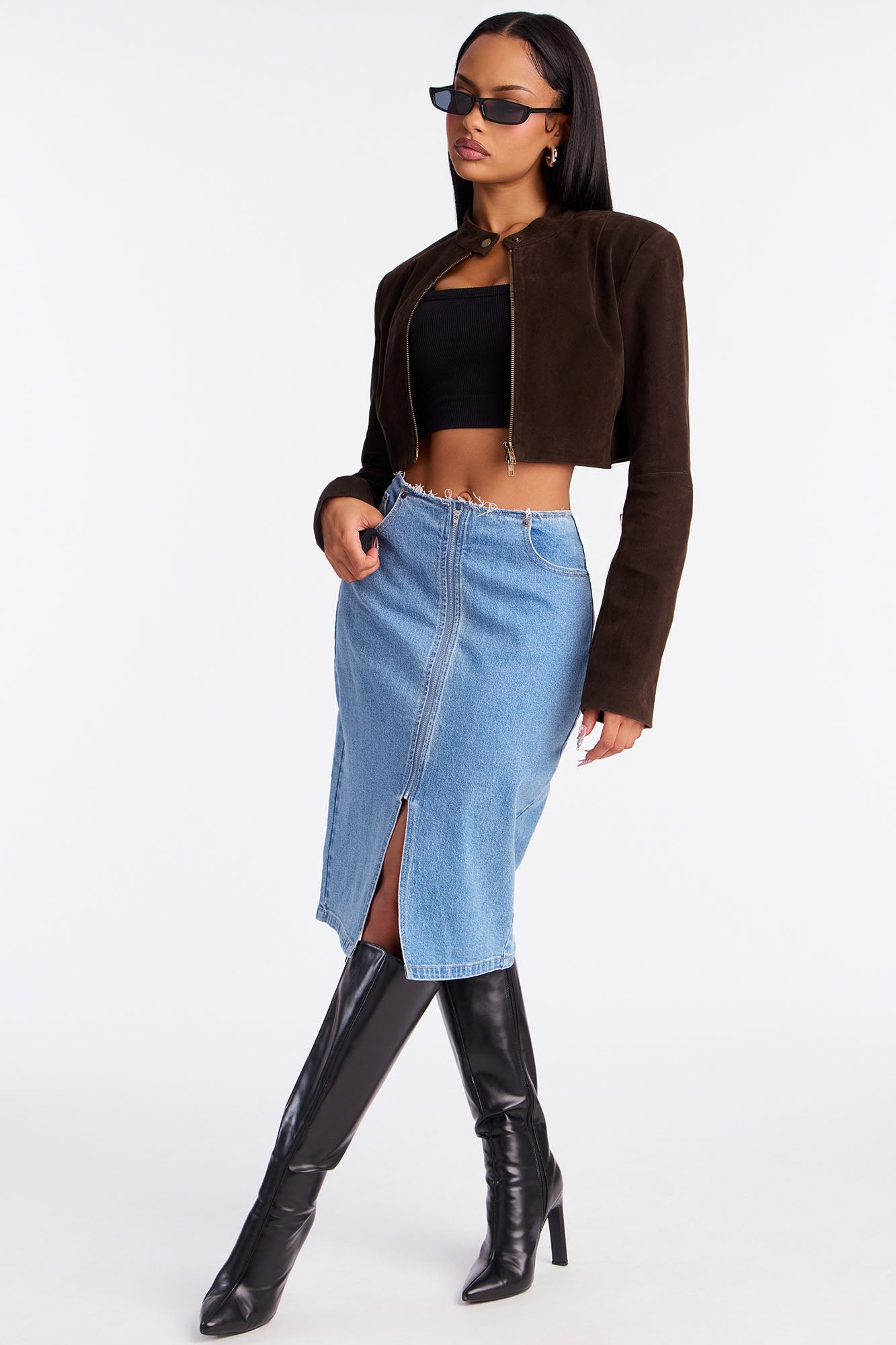 Sierra Deconstructed Waistband Denim Midi Skirt - Medium Wash