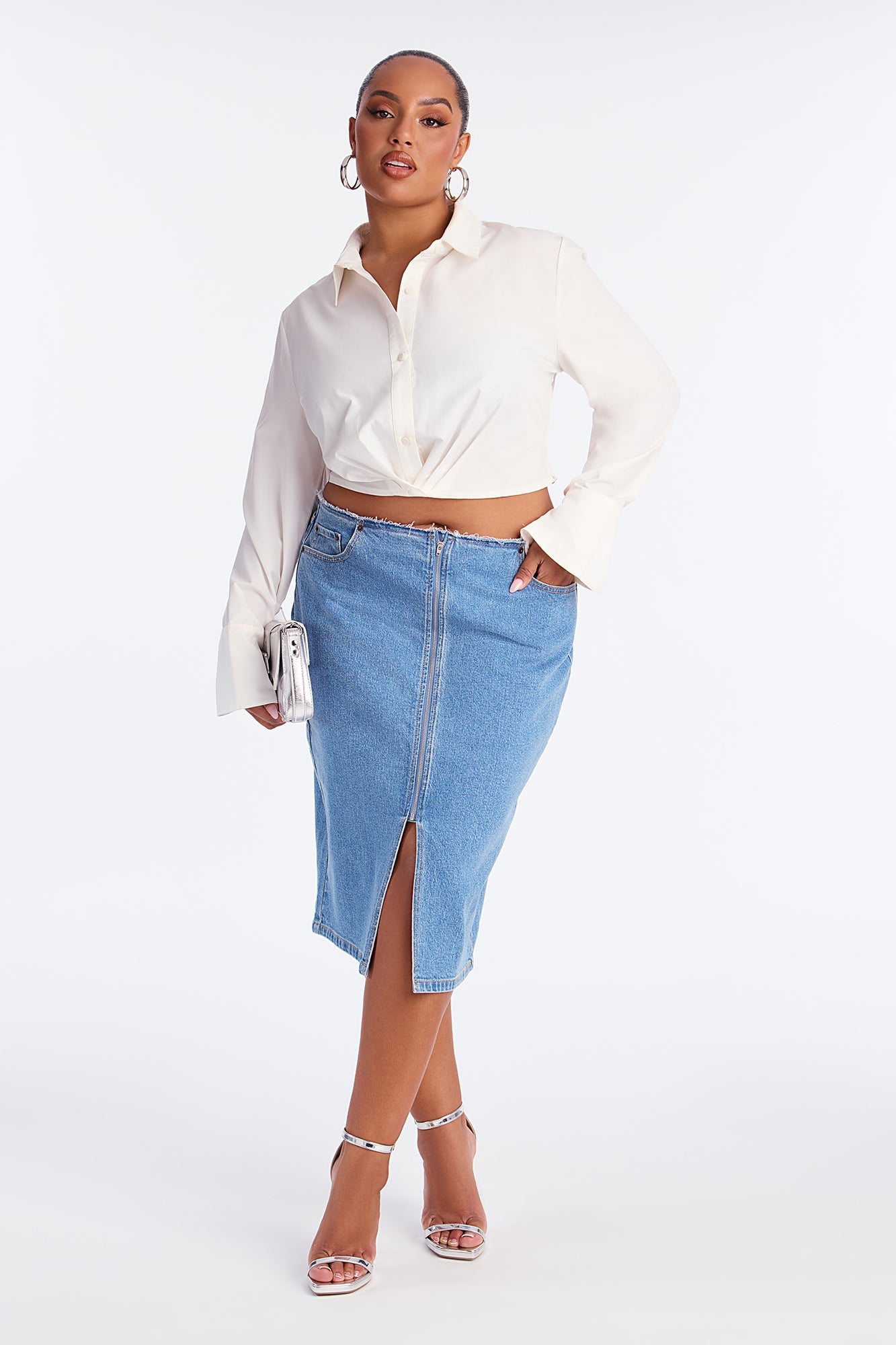 Sierra Deconstructed Waistband Denim Midi Skirt - Medium Wash