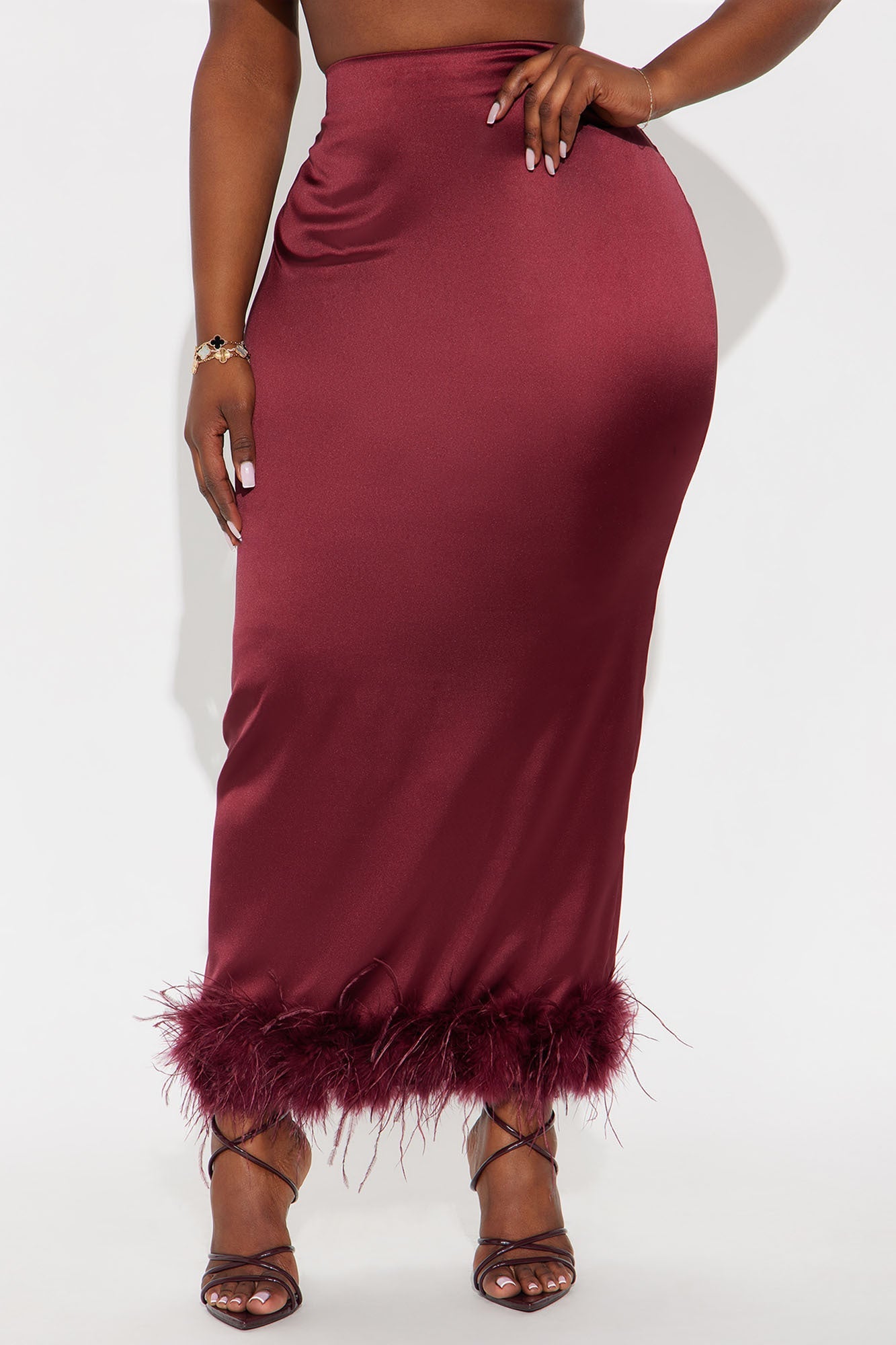 Keep It Classy Satin Feathered Maxi Skirt - Burgundy