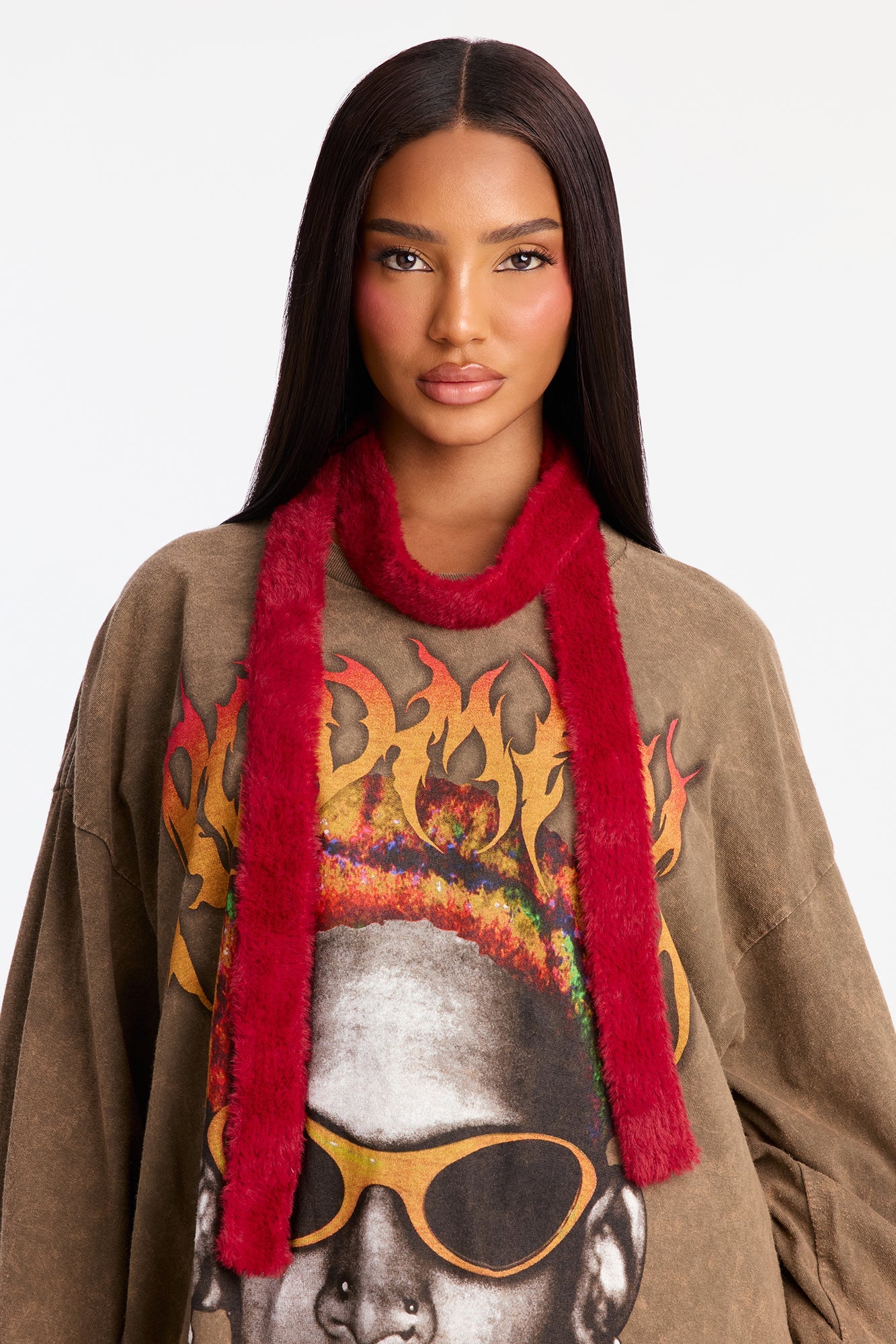 Autumn Time Faux Fur Skinny Scarf - Burgundy