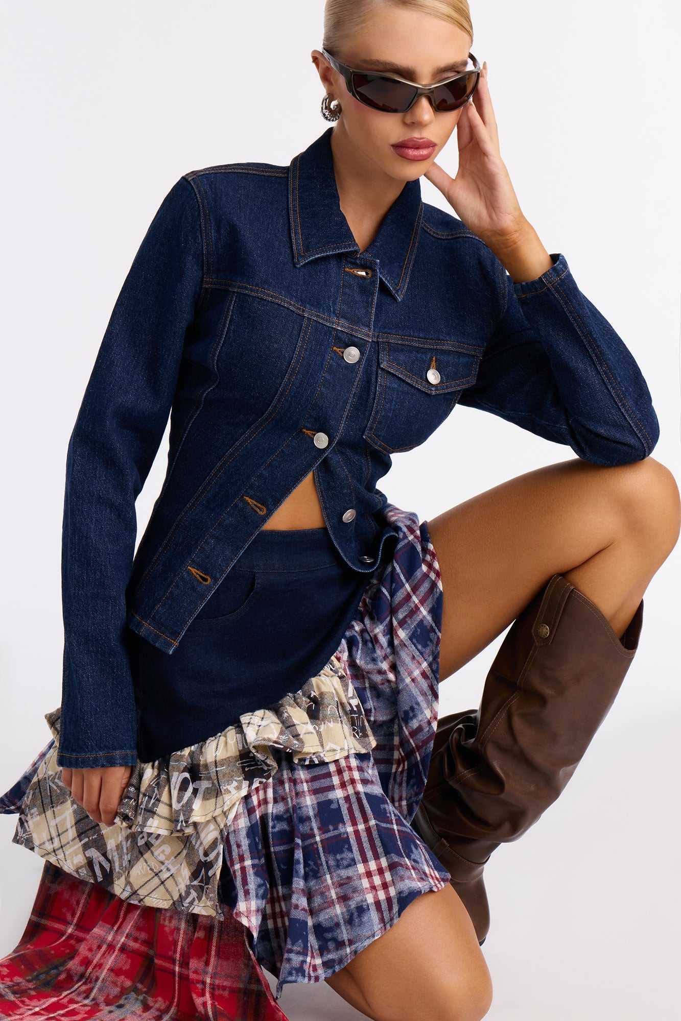 Caught Up Denim Tiered Plaid Midi Skirt - Multi Color