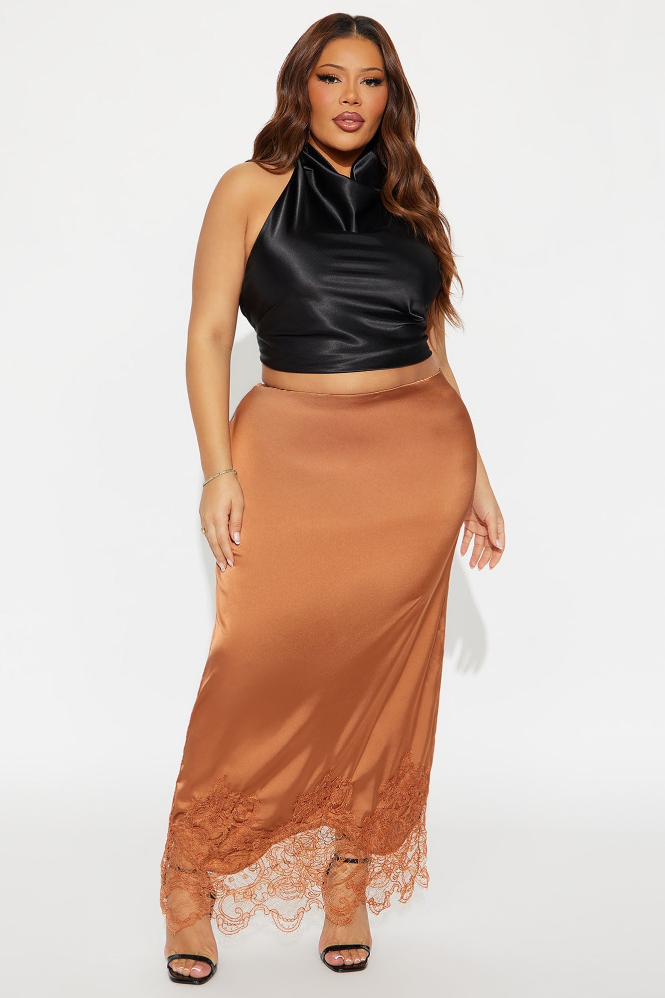 Dolled Up Lace Trim Satin Maxi Skirt - Cognac