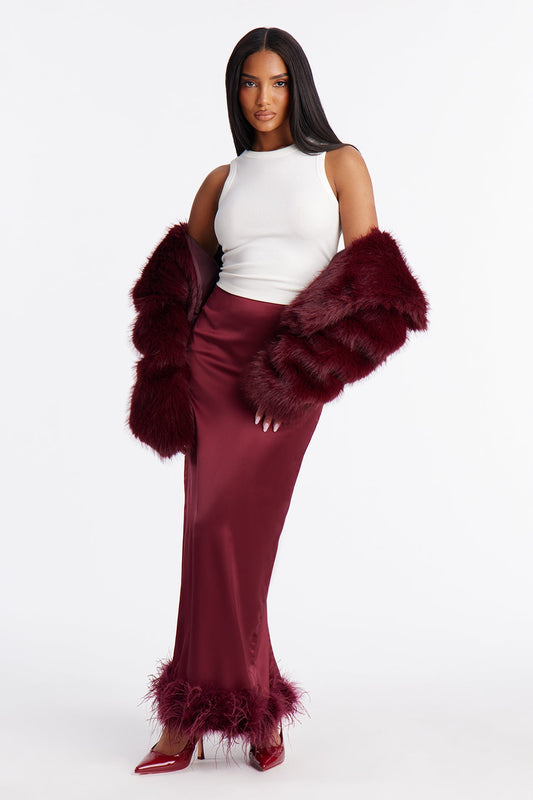 Keep It Classy Satin Feathered Maxi Skirt - Burgundy