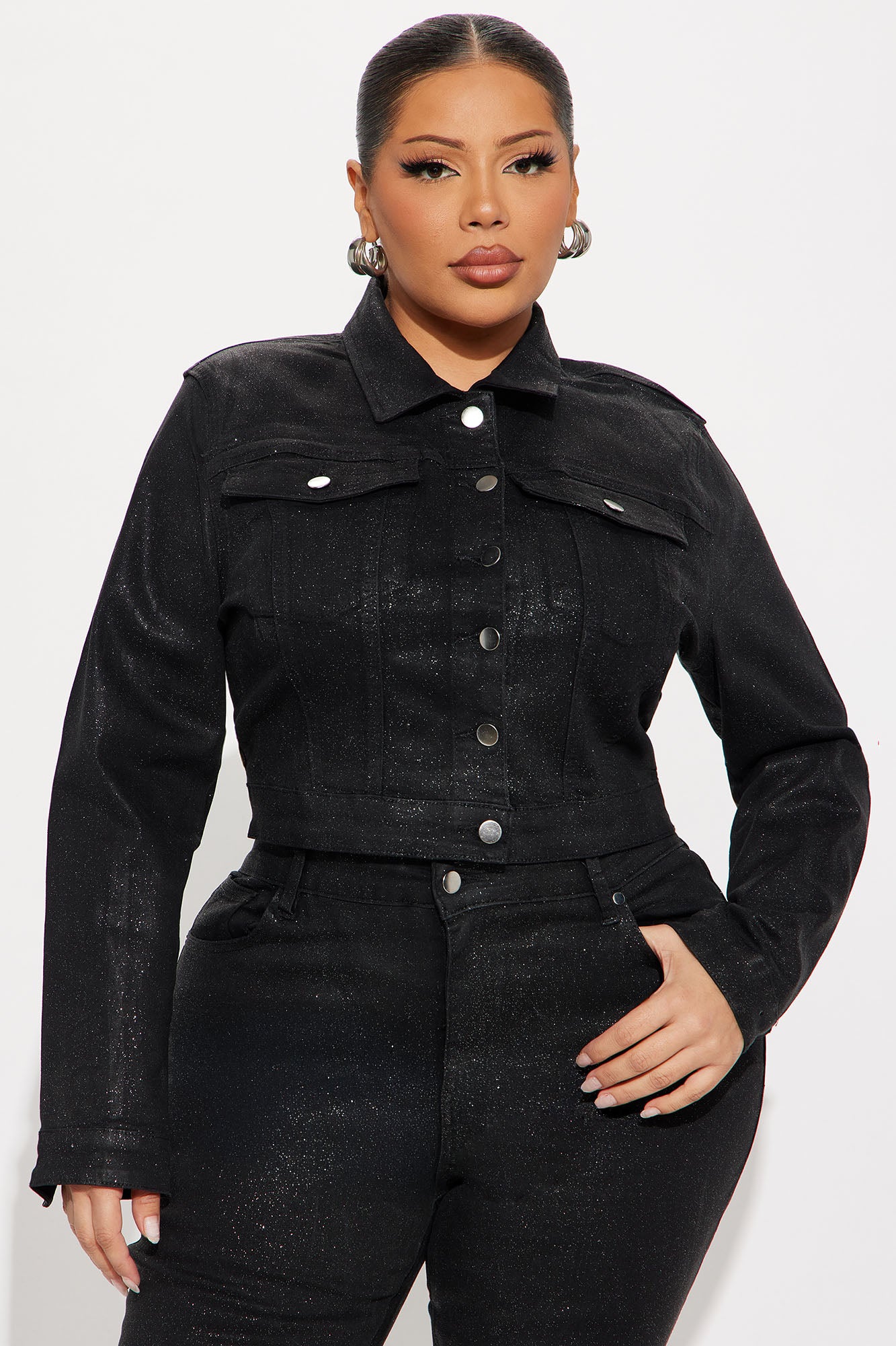 Past Midnight Glitter Foil Denim Jacket - Black
