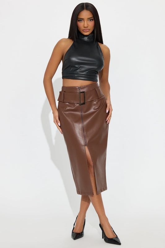 Play Fair Belted Zipper Faux Leather Pencil Skirt - Chocolate
