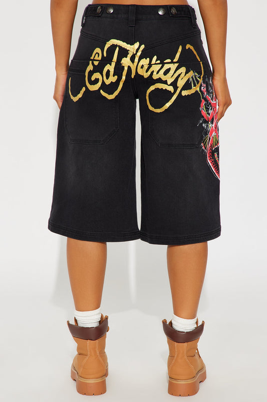 Ed Hardy Devil Mermaid Denim Jorts - Dark Grey