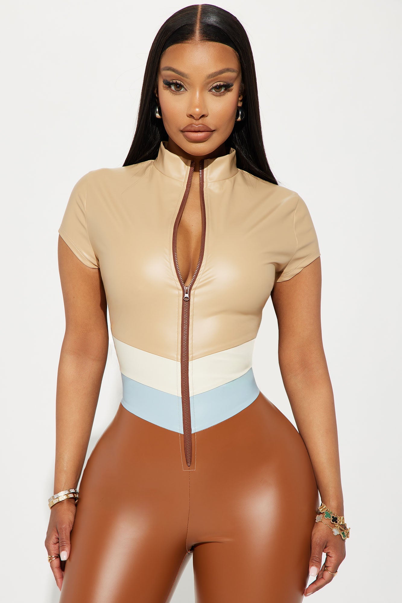 All About My 70's Faux Leather Jumpsuit - Brown/combo