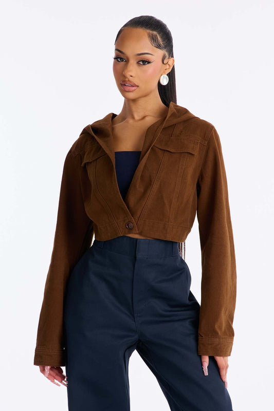 Ruthie Hooded Washed Twill Cropped Jacket - Brown