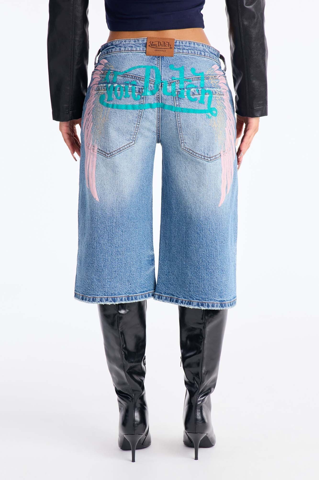 Von Dutch Wings Denim Jorts - Medium Wash