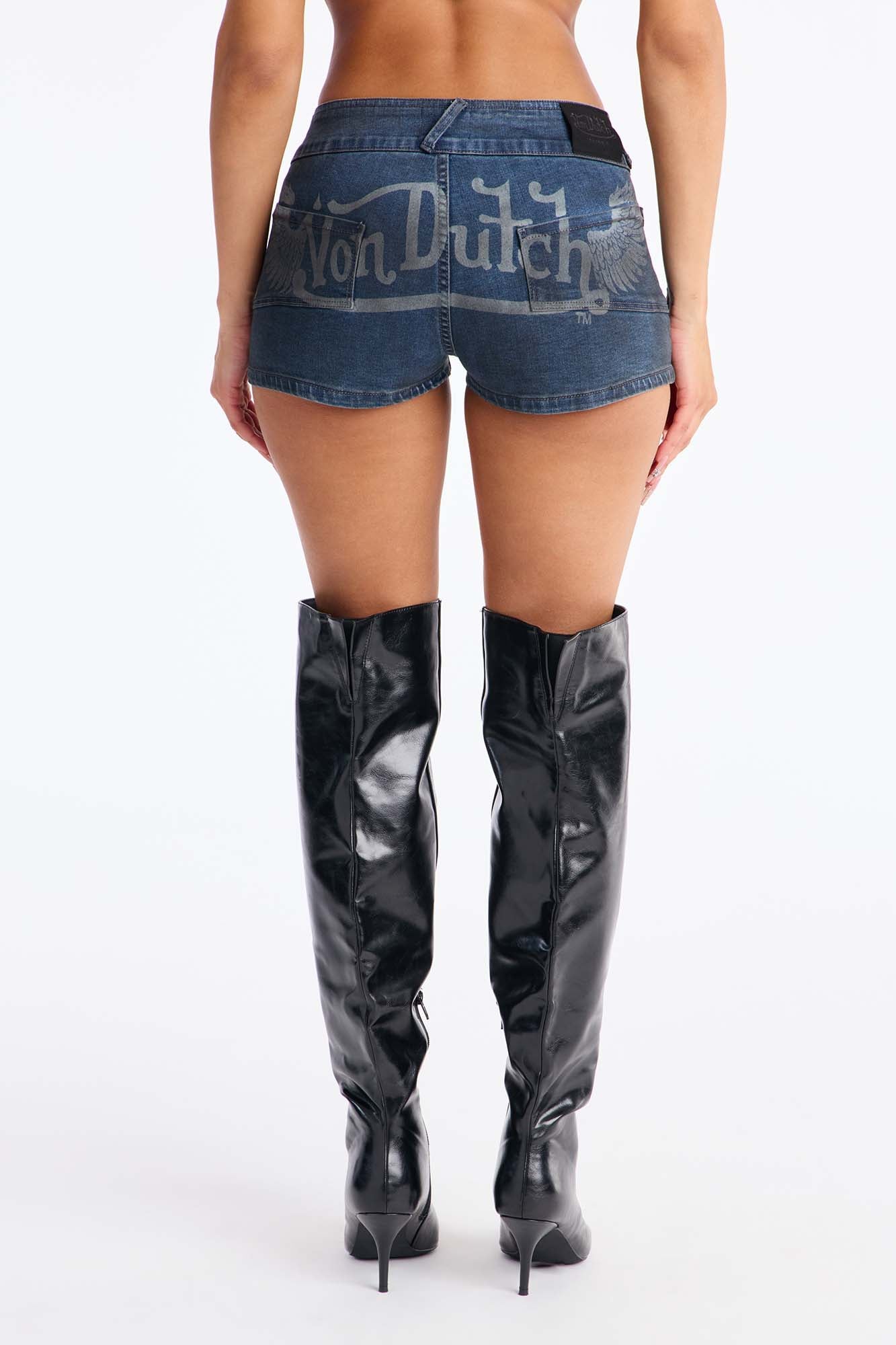 Von Dutch Wings Low Rise Denim Shorts - Medium Wash