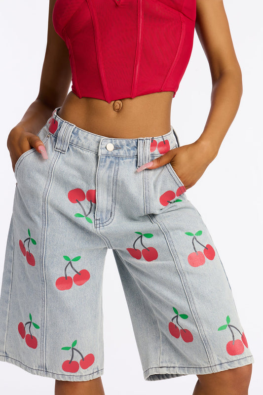 Cherry On Top Printed Denim Jorts - Light Wash