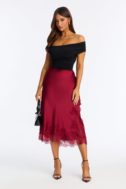 Feel The Love Lace Trim Satin Midi Skirt - Burgundy