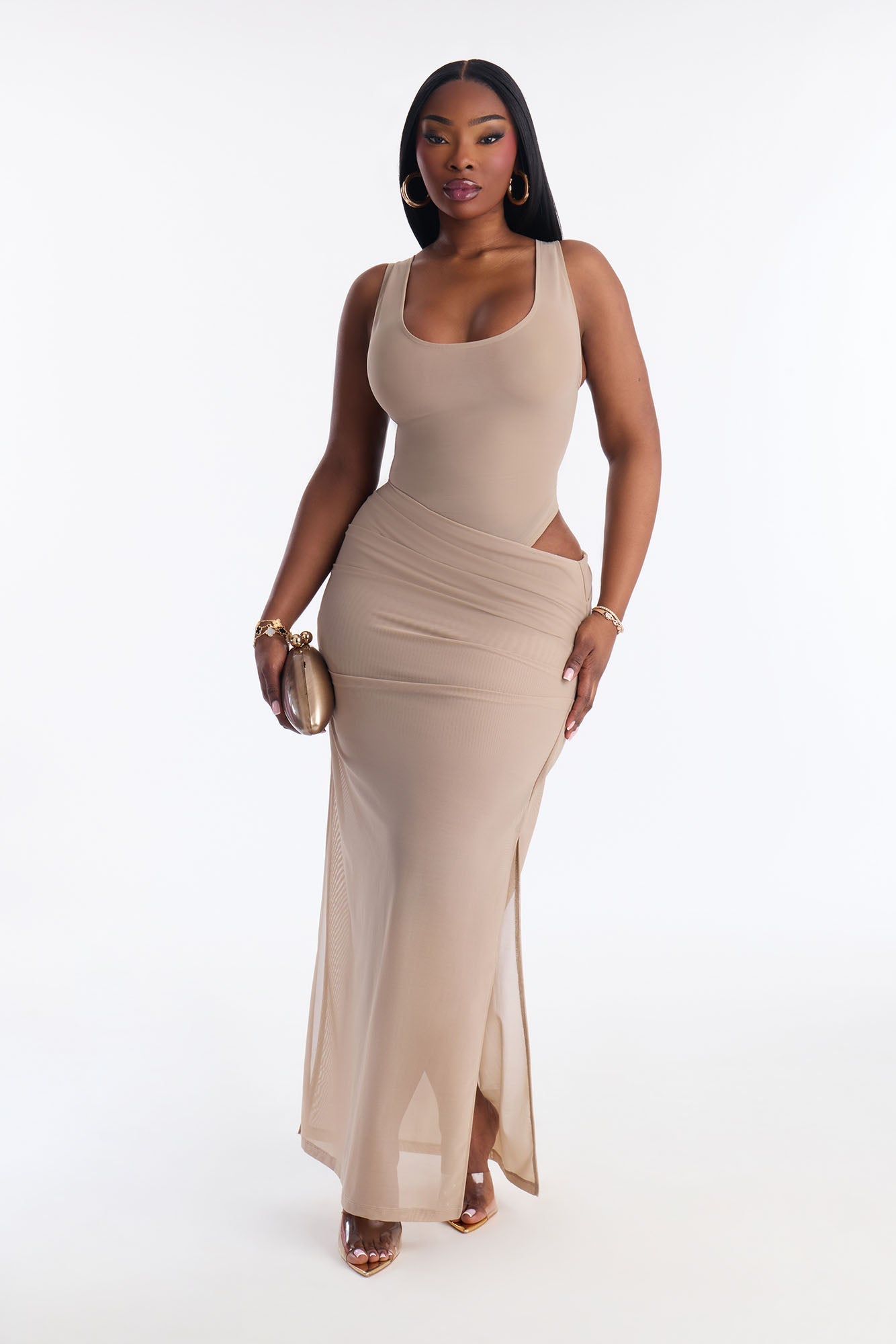 Power Mesh Ruched Maxi Skirt - Olive