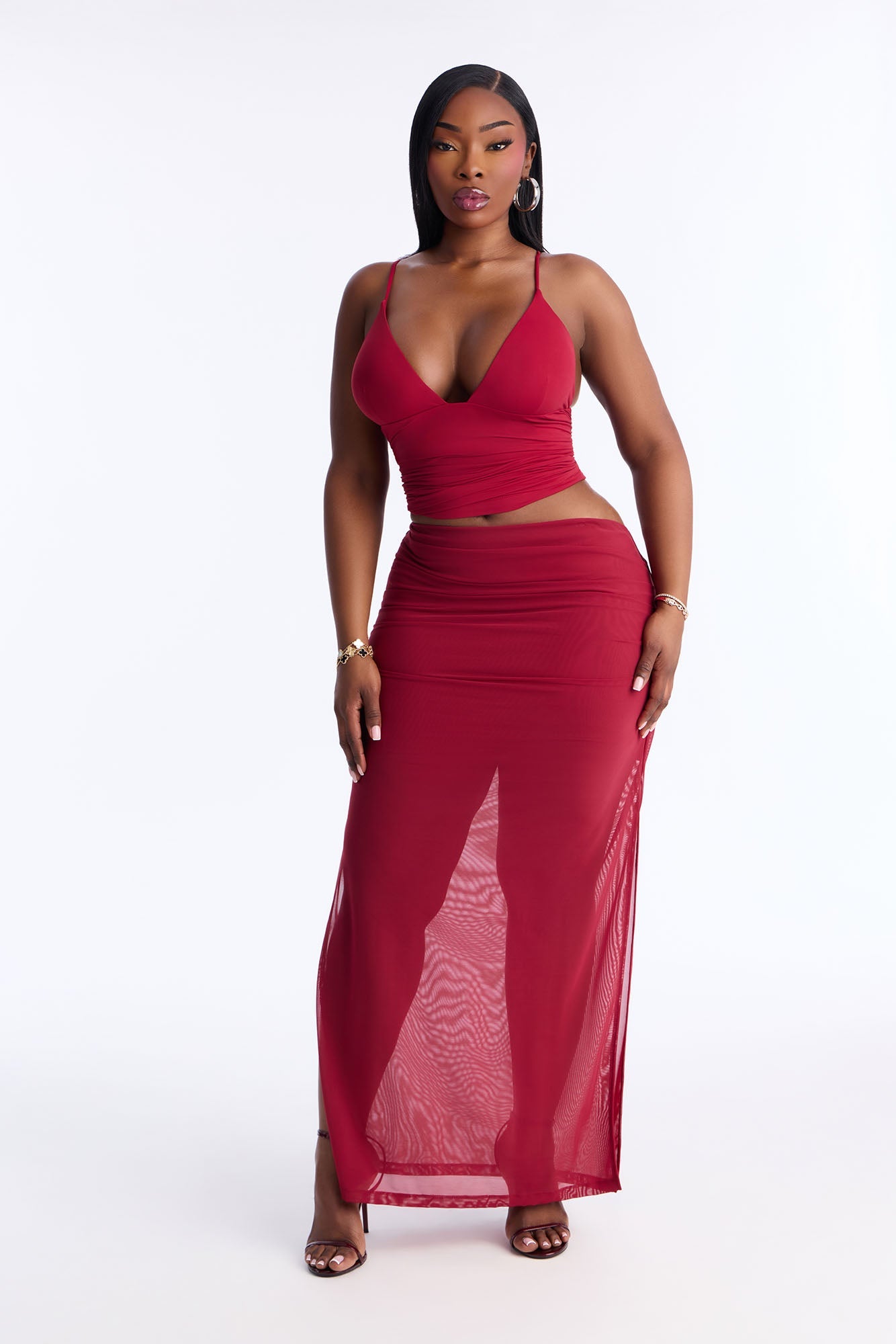 Power Mesh Ruched Maxi Skirt - DarkRed