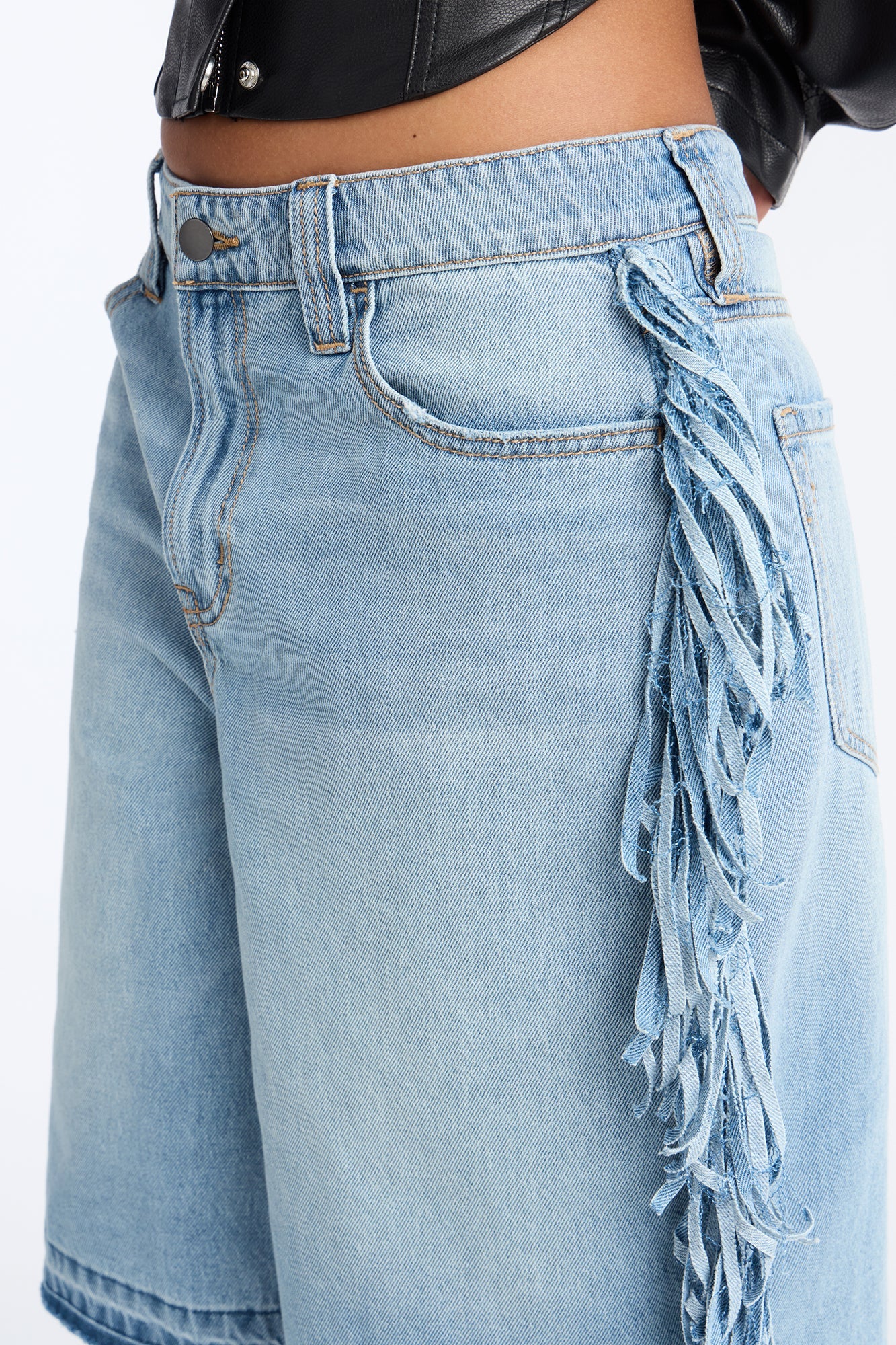 On The Fringe Denim Jorts - Light Wash