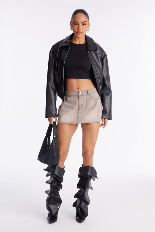 Genieve Washed Denim Mini Skirt - Grey