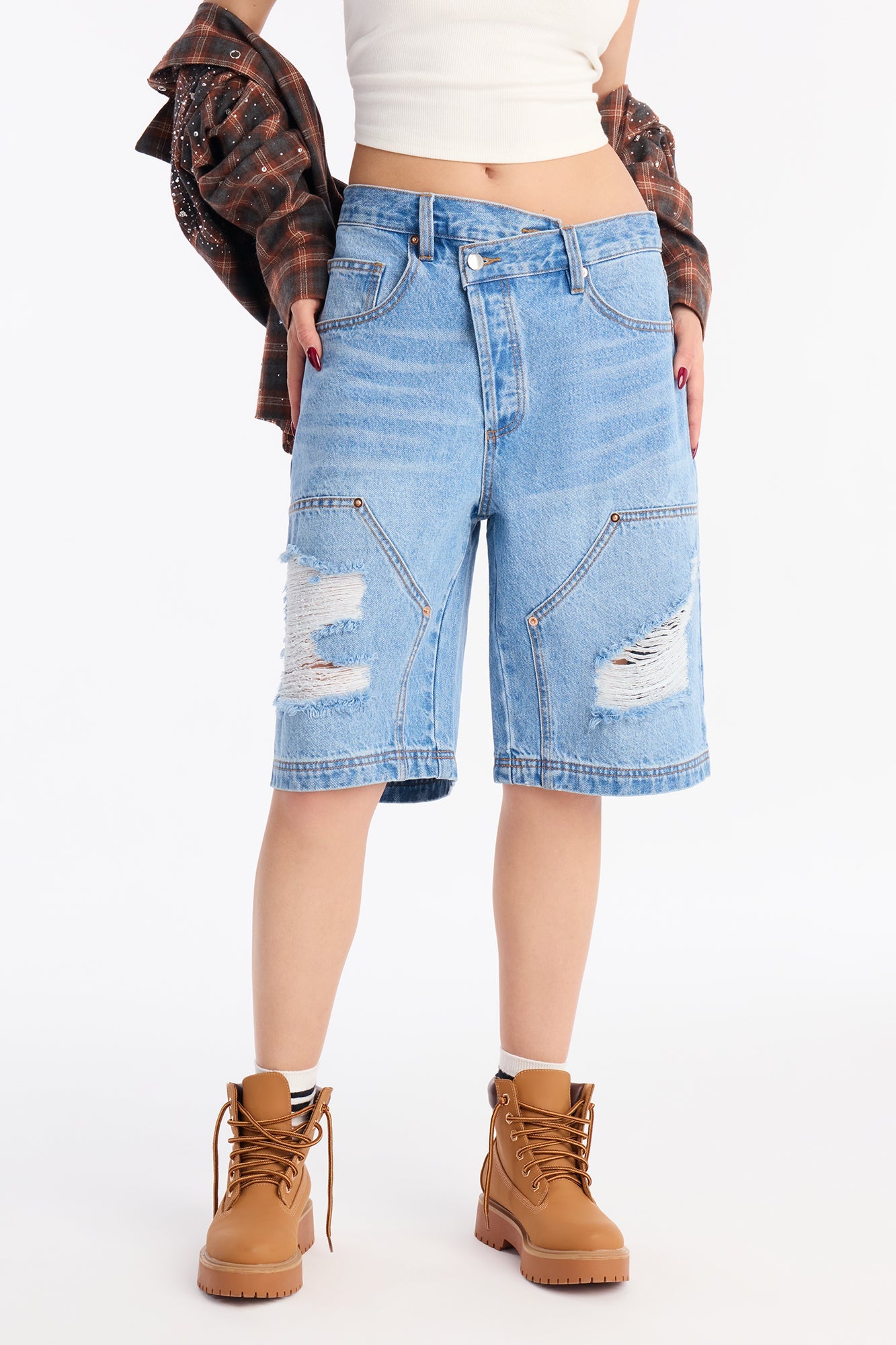 Elsie Crossover Denim Jorts - Medium Wash