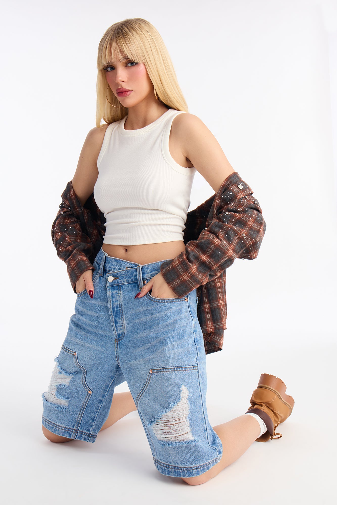 Elsie Crossover Denim Jorts - Medium Wash