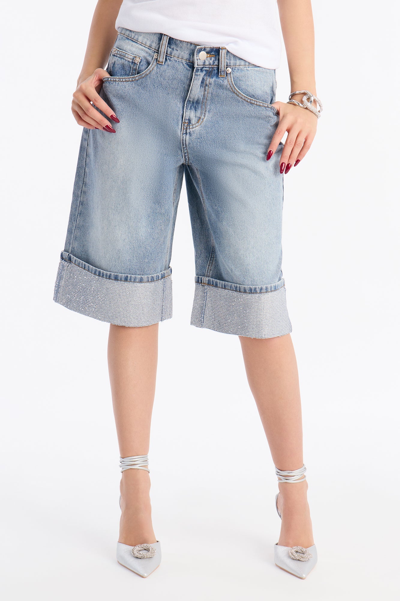 Nowhere To Go Cuffed Embellished Denim Jorts - Medium Wash