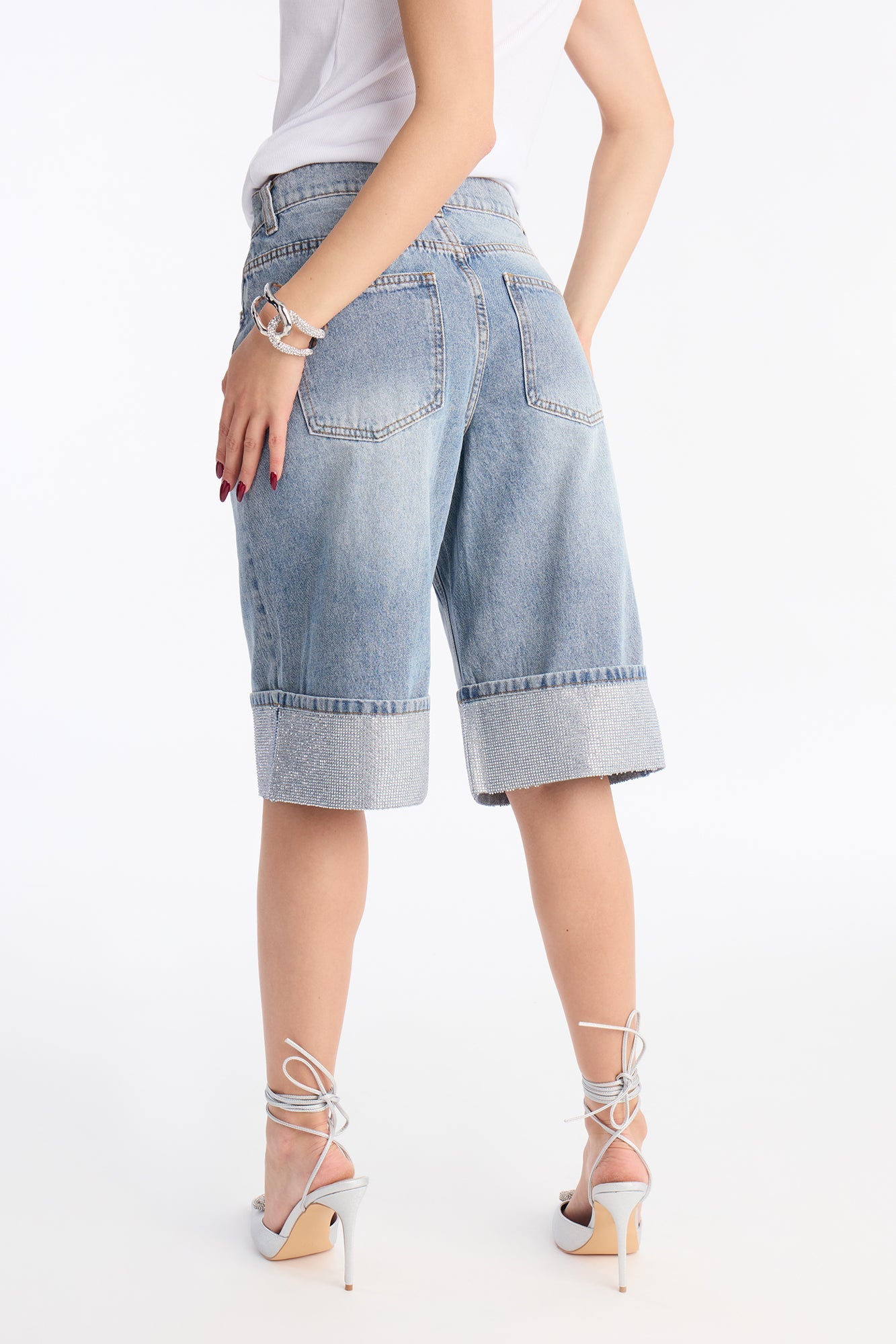 Nowhere To Go Cuffed Embellished Denim Jorts - Medium Wash