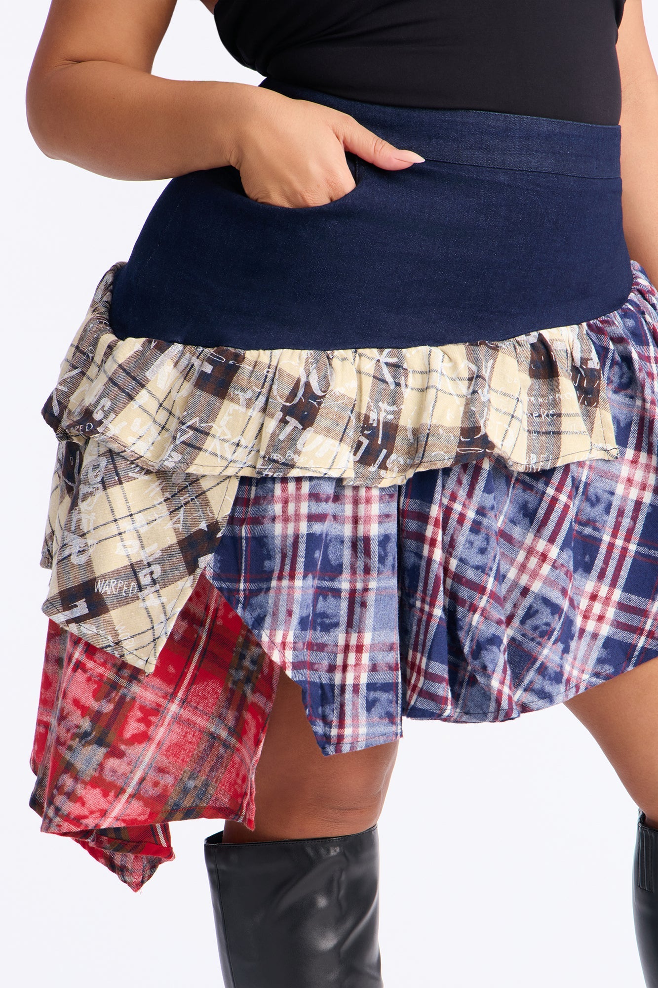 Caught Up Denim Tiered Plaid Midi Skirt - Multi Color