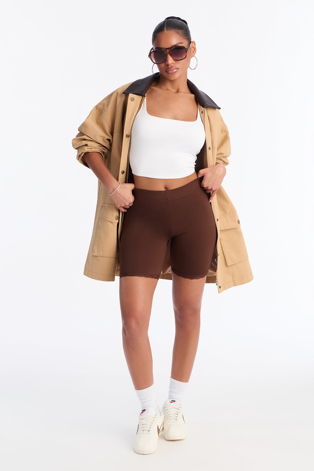 Camille Lace Trim Biker Short - Chocolate